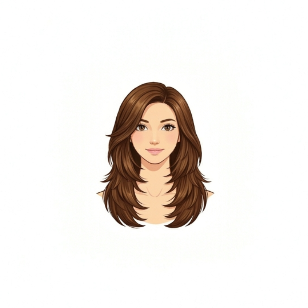 Long layered cut with side part — best hairstyle for round face female 2026
