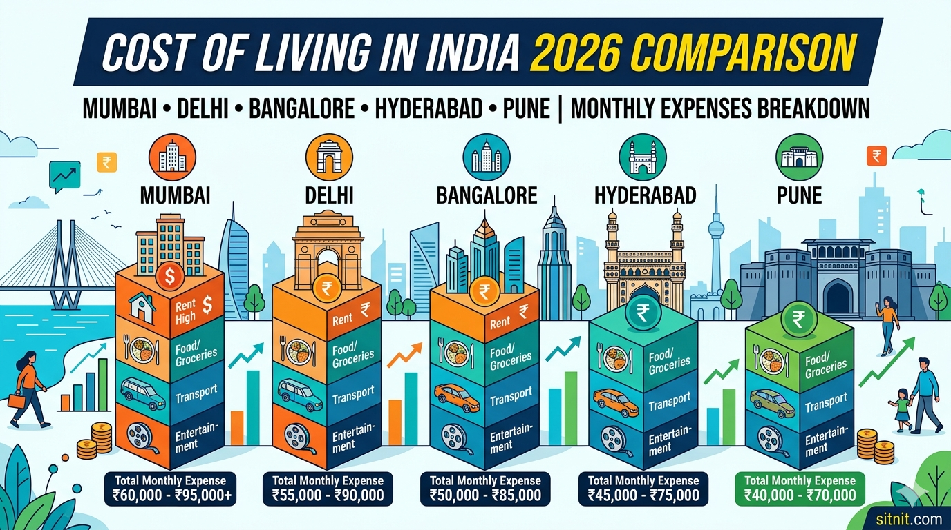 Cost of living in India 2026 comparison chart — Mumbai Delhi Bangalore Hyderabad Pune monthly expenses breakdown