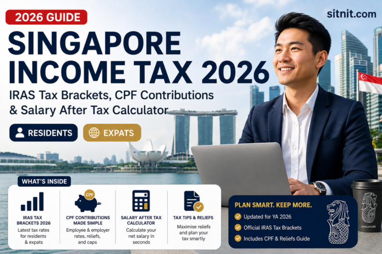 Singapore income tax 2026 guide showing IRAS tax brackets for residents and expats with CPF contributions and salary after tax calculator
